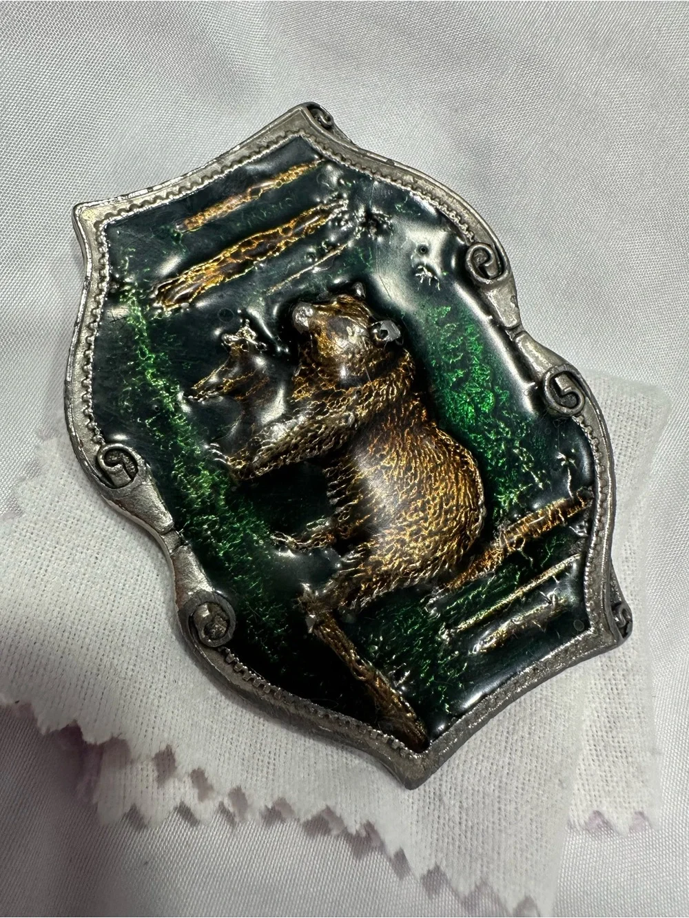 Green and Gold Bear Relief Leather Belt Buckle - Men’s Western Accessory